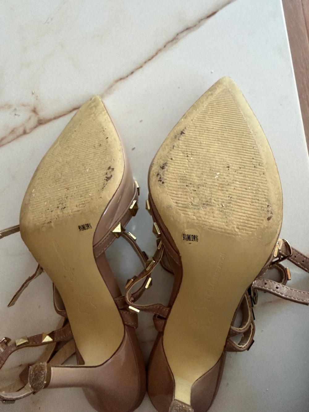 BCBGeneration Nude Patent T-Strap Pointed Stud Pumps - Picture 13 of 14